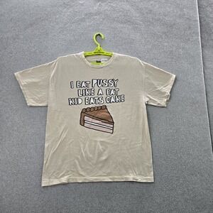 Spencer's Men Shirt L Beige Graphic Parody Funny Eat Cake Short Sleeve Logo